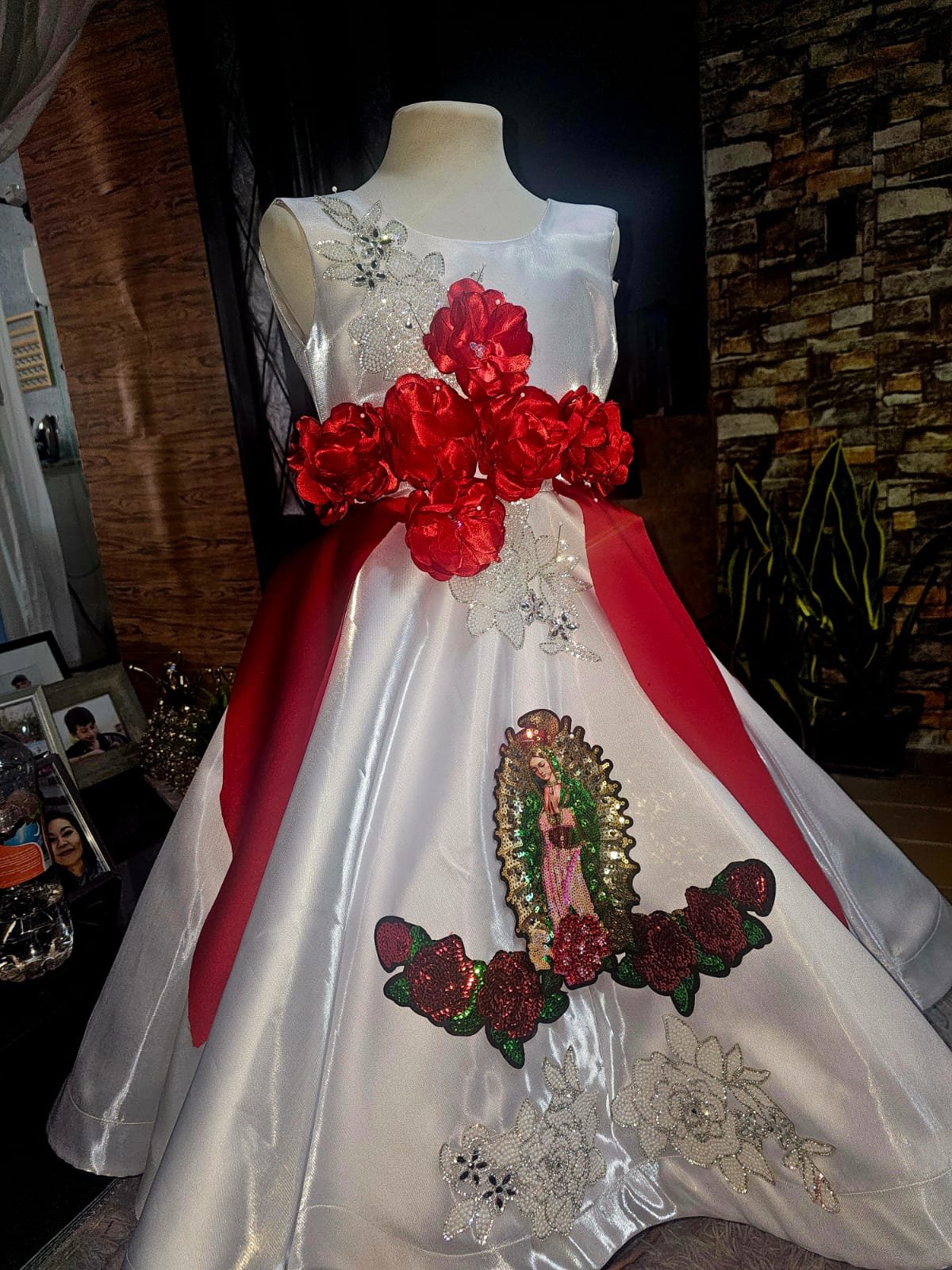 Custom white dress decorated with red flowers